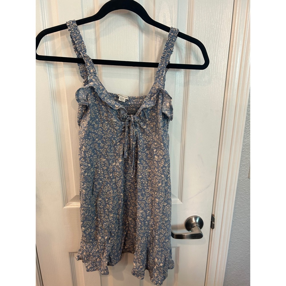 American Eagle Mini Dress Blue Floral Smocked Tie Front Ruffle Summer Boho
